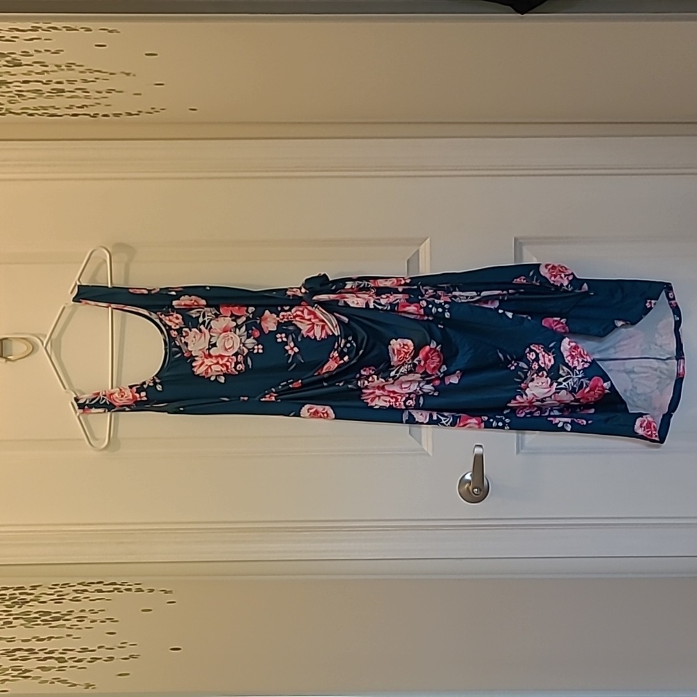 Summer Green Wrap dress with Pink Flowers.
